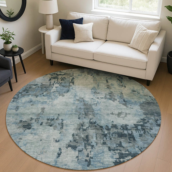 HomeRoots 8' Blue And Gray Round Abstract Rug - Stylish, Washable Indoor/Outdoor Area Rug for High Traffic Spaces 688815