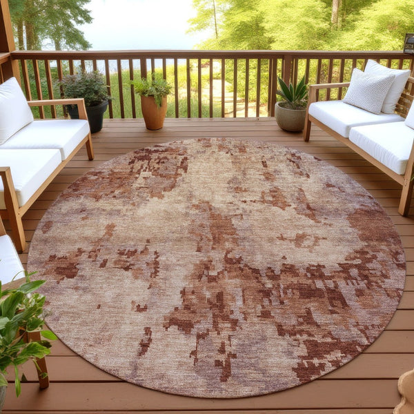 HomeRoots 8' Stylish Copper and Coral Round Area Rug - Durable, Washable, Modern Geometric Design for Indoors & Outdoors 688821