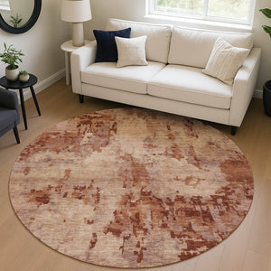 HomeRoots 8' Stylish Copper and Coral Round Area Rug - Durable, Washable, Modern Geometric Design for Indoors & Outdoors 688821