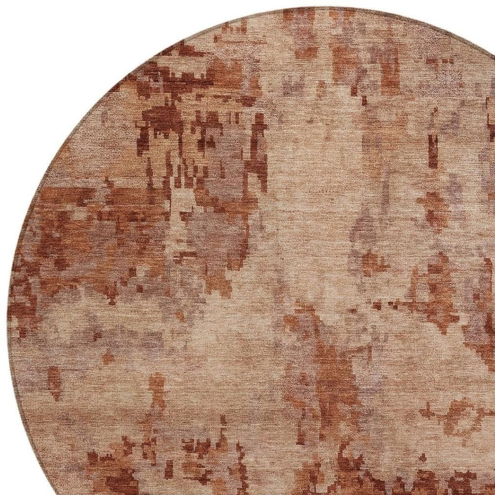 HomeRoots 8' Stylish Copper and Coral Round Area Rug - Durable, Washable, Modern Geometric Design for Indoors & Outdoors 688821
