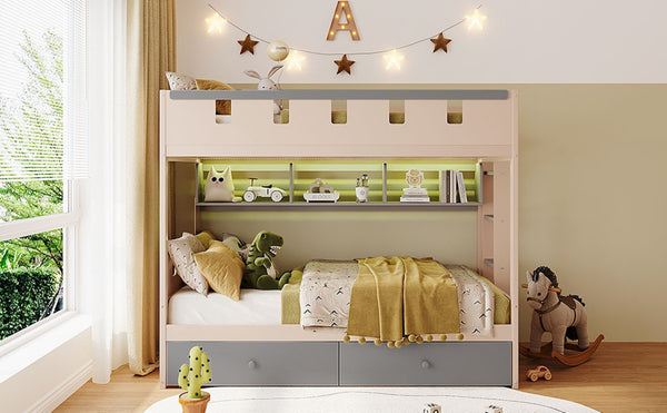 English Elm Twin Castle Bunk Bed with Led Lighting Built-in Shelf and Storage Drawers for Kids Gray LT000158AAE