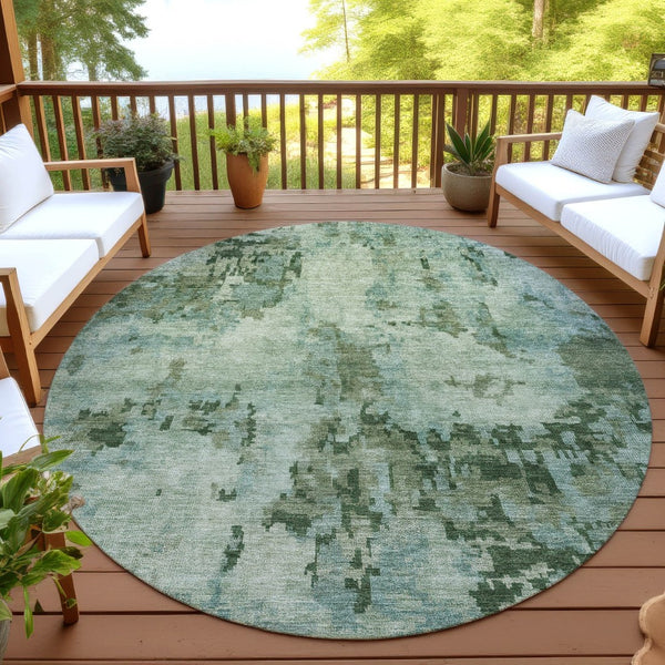 HomeRoots 8' Sage and Teal Blue Round Abstract Area Rug - Washable, Durable, Stylish for Indoor & Outdoor Spaces 688833