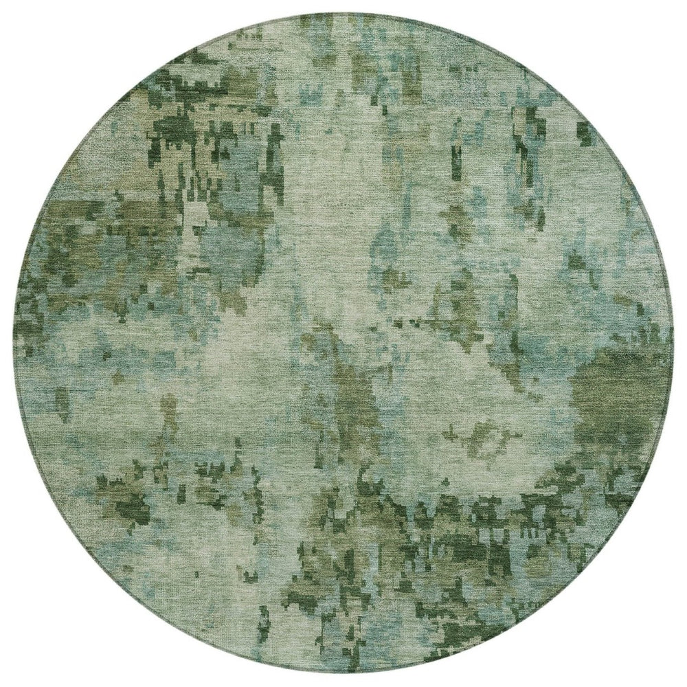 HomeRoots 8' Sage and Teal Blue Round Abstract Area Rug - Washable, Durable, Stylish for Indoor & Outdoor Spaces 688833