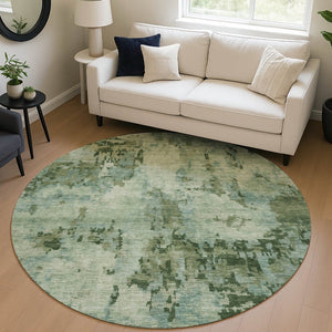 HomeRoots 8' Sage and Teal Blue Round Abstract Area Rug - Washable, Durable, Stylish for Indoor & Outdoor Spaces 688833