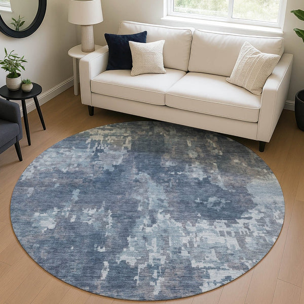 HomeRoots 8' Round Blue and Ivory Abstract Indoor Outdoor Area Rug – Stylish, Durable, Washable, Versatile Design 688839