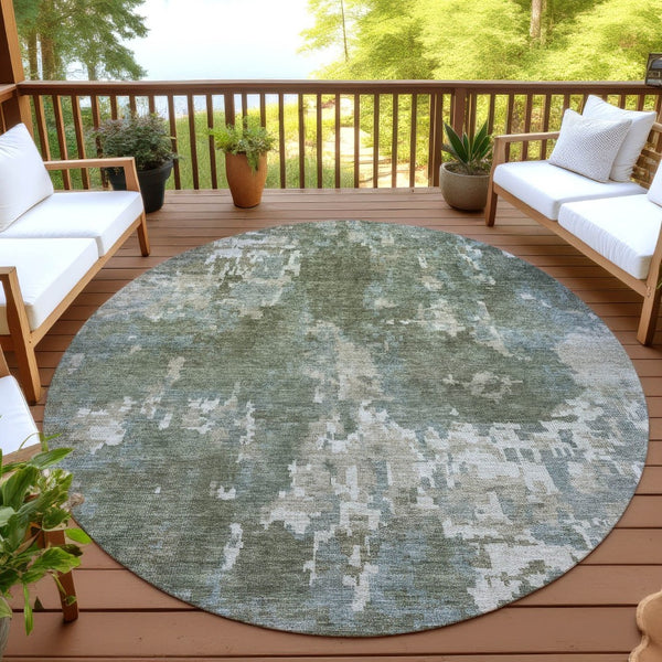 HomeRoots 8' Fern Green and Beige Round Abstract Rug - Stylish, Washable Design for Indoor and Outdoor Spaces 688857
