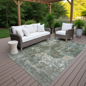 HomeRoots 8' X 10' Fern Green & Beige Abstract Area Rug - Stylish, Washable, Indoor/Outdoor Durability for All Spaces 688858