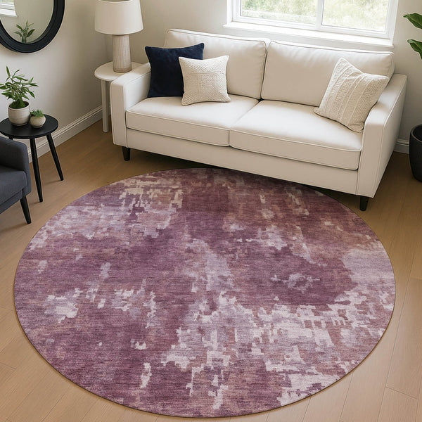 HomeRoots 8' Merlot and Gray Round Abstract Area Rug - Stylish, Washable, and Durable for Indoor & Outdoor Use 688863