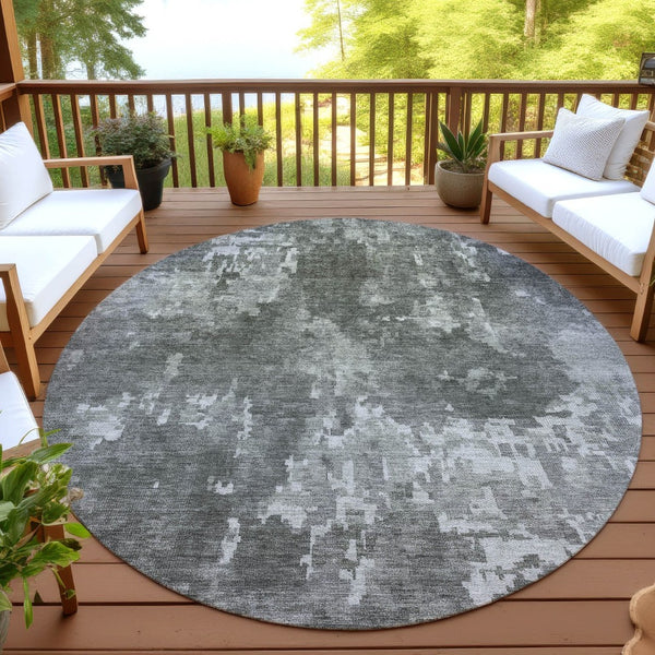 HomeRoots 8' Contemporary Pewter and Ivory Round Abstract Area Rug – Washable, Durable, Indoor/Outdoor Style 688869
