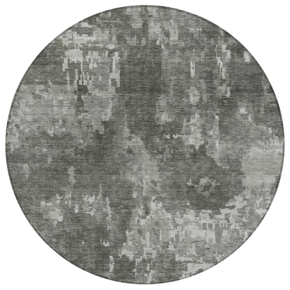 HomeRoots 8' Contemporary Pewter and Ivory Round Abstract Area Rug – Washable, Durable, Indoor/Outdoor Style 688869