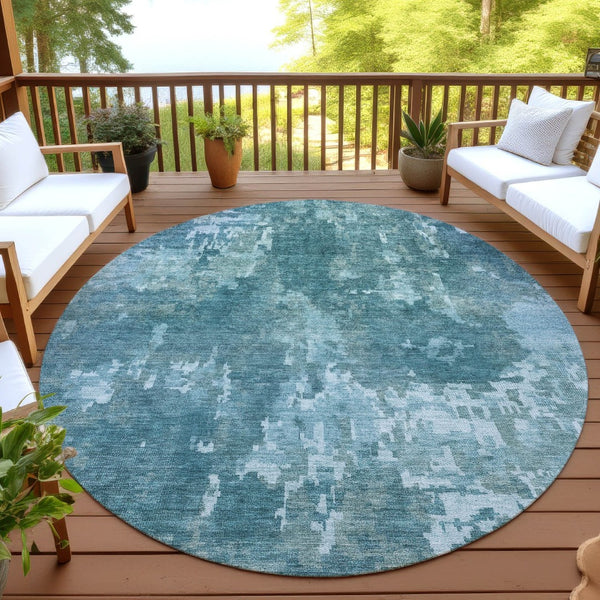 HomeRoots 8' Teal Blue Aqua Round Abstract Rug - Stylish, Washable, Durable for Indoor/Outdoor Use, Easy Care 688887