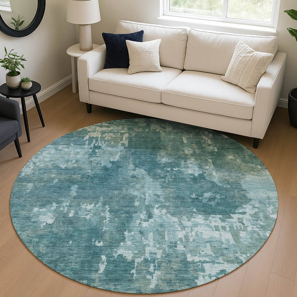 HomeRoots 8' Teal Blue Aqua Round Abstract Rug - Stylish, Washable, Durable for Indoor/Outdoor Use, Easy Care 688887