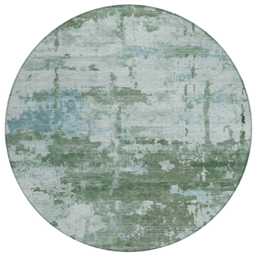 HomeRoots 8' Artichoke Green & Ivory Round Abstract Rug - Stylish, Washable, Durable for Indoor/Outdoor Spaces 688893