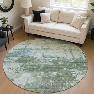 HomeRoots 8' Artichoke Green & Ivory Round Abstract Rug - Stylish, Washable, Durable for Indoor/Outdoor Spaces 688893