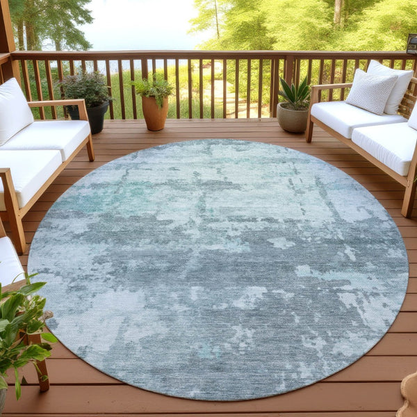 HomeRoots 8' Round Abstract Washable Area Rug in Aqua & Ivory - Durable, Stylish for Indoor & Outdoor Use 688899