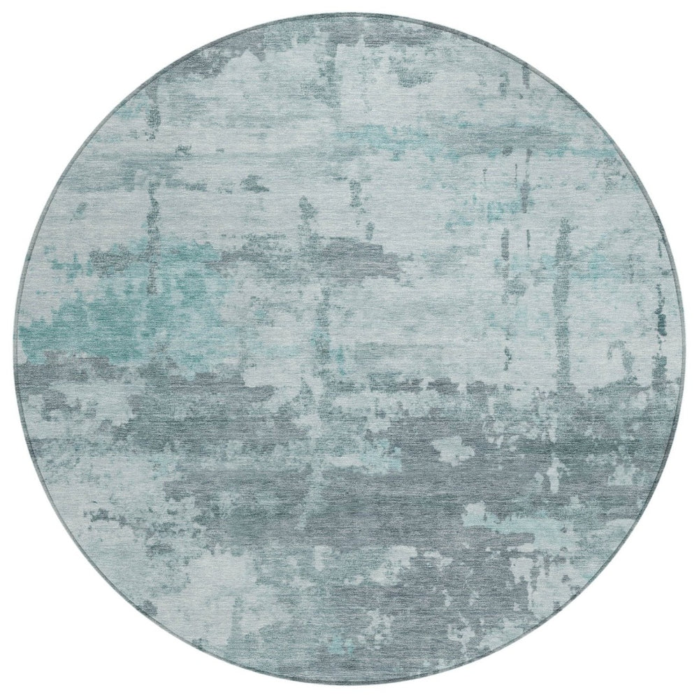 HomeRoots 8' Round Abstract Washable Area Rug in Aqua & Ivory - Durable, Stylish for Indoor & Outdoor Use 688899
