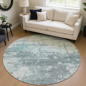 HomeRoots 8' Round Abstract Washable Area Rug in Aqua & Ivory - Durable, Stylish for Indoor & Outdoor Use 688899
