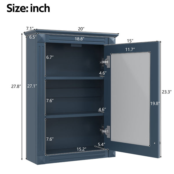 English Elm 20" Wall Mount Medicine Cabinet Mirrored Door Soft Close Adjustable Shelf Bathroom N710P317680C