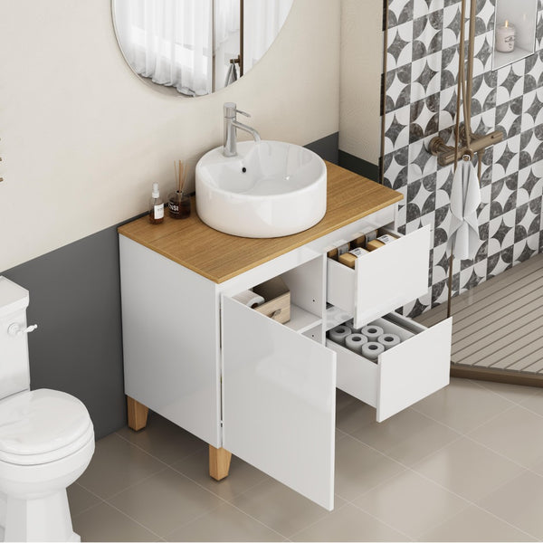 English Elm 31.5-inch Bathroom Vanity Solid Wood Top Ceramic Basin Soft Close Glossy White W3151S00069