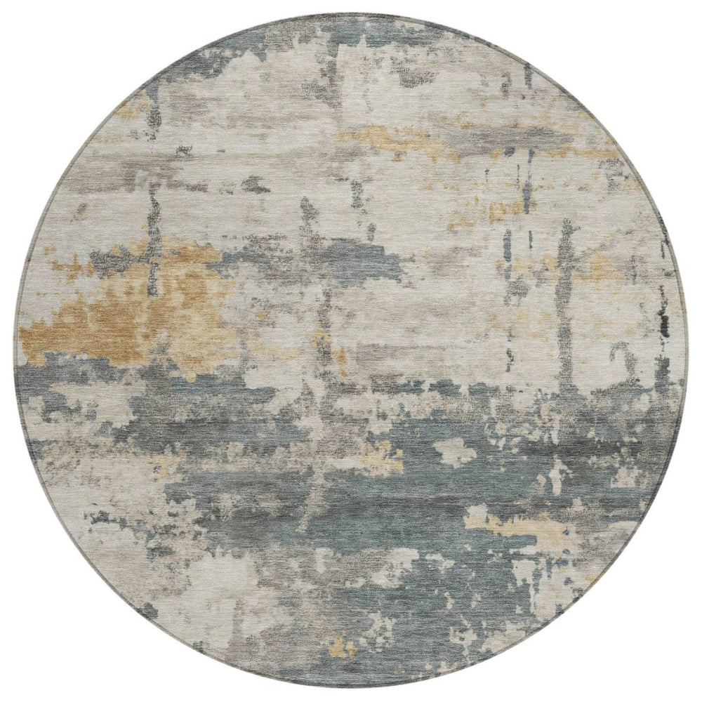 HomeRoots 8' Round Abstract Area Rug in Artichoke Green, Gold & Ivory - Durable, Washable & Stylish for Indoors/Outdoors 688905