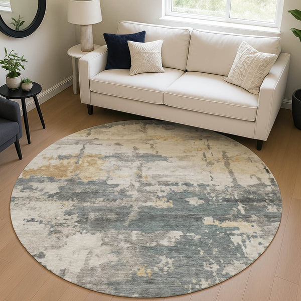HomeRoots 8' Round Abstract Area Rug in Artichoke Green, Gold & Ivory - Durable, Washable & Stylish for Indoors/Outdoors 688905