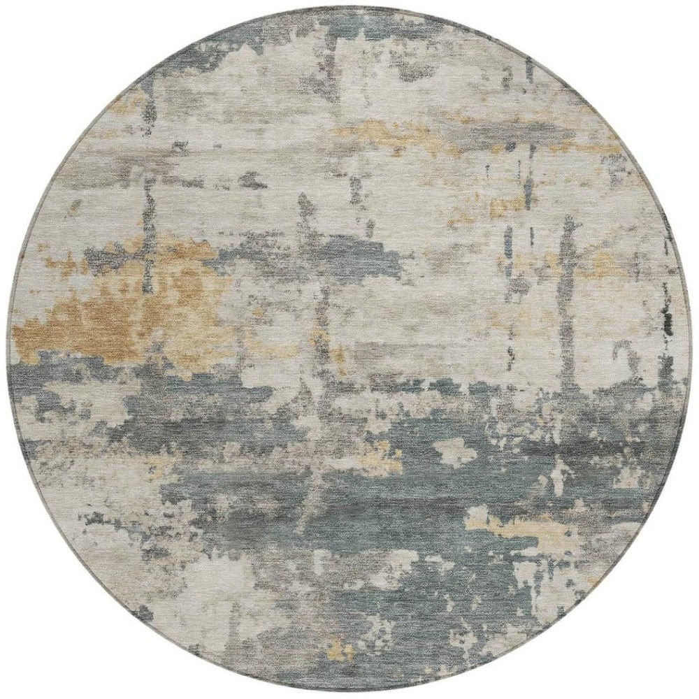 HomeRoots 8' Round Abstract Area Rug in Artichoke Green, Gold & Ivory - Durable, Washable & Stylish for Indoors/Outdoors 688905