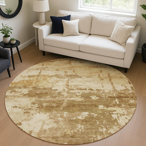 HomeRoots 8' Brown and Beige Round Abstract Rug - Washable, Durable Design for Indoor & Outdoor Use, Versatile Decor 688911