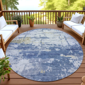 HomeRoots 8' Navy Blue & Ivory Abstract Round Area Rug - Durable, Washable Design for Indoor & Outdoor Use 688917