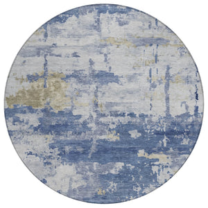 HomeRoots 8' Navy Blue & Ivory Abstract Round Area Rug - Durable, Washable Design for Indoor & Outdoor Use 688917