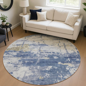HomeRoots 8' Navy Blue & Ivory Abstract Round Area Rug - Durable, Washable Design for Indoor & Outdoor Use 688917