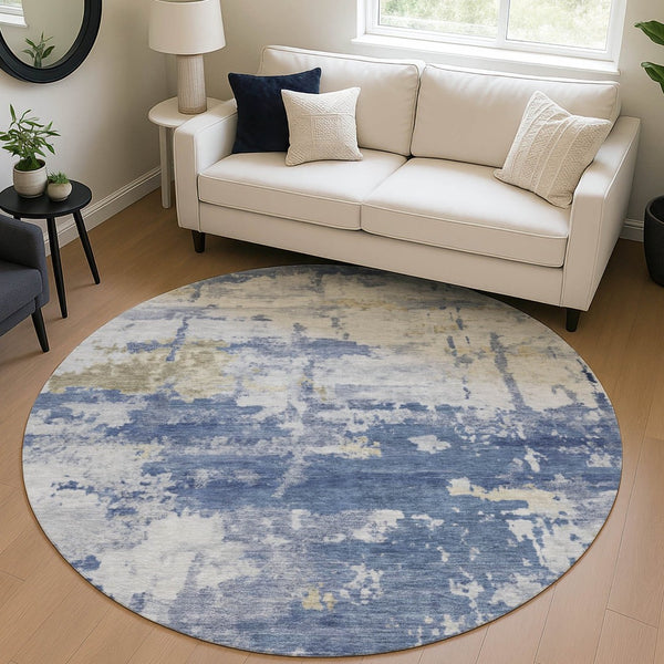 HomeRoots 8' Navy Blue & Ivory Abstract Round Area Rug - Durable, Washable Design for Indoor & Outdoor Use 688917