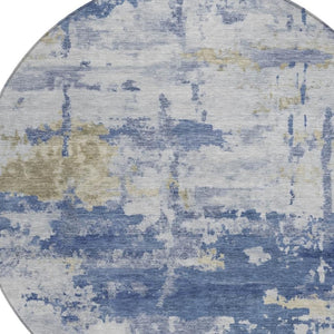 HomeRoots 8' Navy Blue & Ivory Abstract Round Area Rug - Durable, Washable Design for Indoor & Outdoor Use 688917