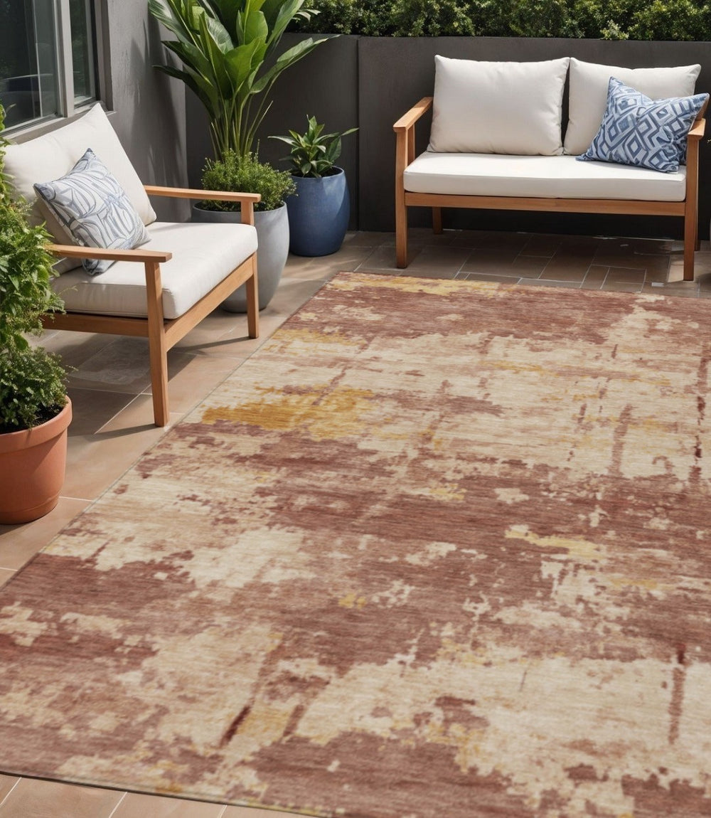 HomeRoots 5' Modern Abstract Rust and Beige Washable Area Rug for Indoor/Outdoor Use – Durable and Stylish! 688922