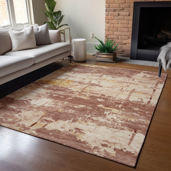 HomeRoots 5' Modern Abstract Rust and Beige Washable Area Rug for Indoor/Outdoor Use – Durable and Stylish! 688922