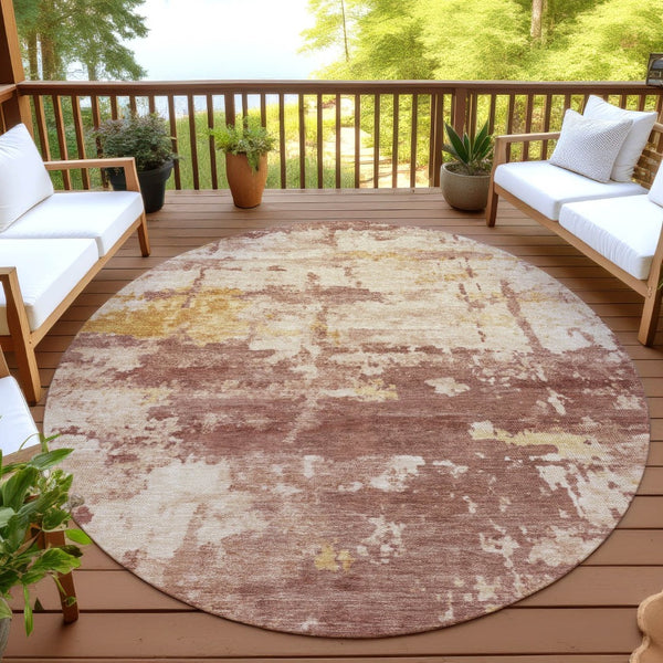 HomeRoots 8' Round Abstract Area Rug in Rust & Beige - Washable, Durable, Stylish for Indoor/Outdoor Spaces 688923