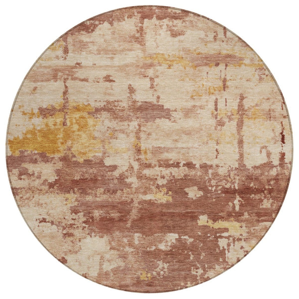 HomeRoots 8' Round Abstract Area Rug in Rust & Beige - Washable, Durable, Stylish for Indoor/Outdoor Spaces 688923