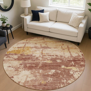 HomeRoots 8' Round Abstract Area Rug in Rust & Beige - Washable, Durable, Stylish for Indoor/Outdoor Spaces 688923