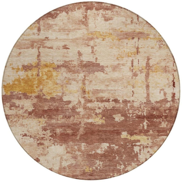 HomeRoots 8' Round Abstract Area Rug in Rust & Beige - Washable, Durable, Stylish for Indoor/Outdoor Spaces 688923