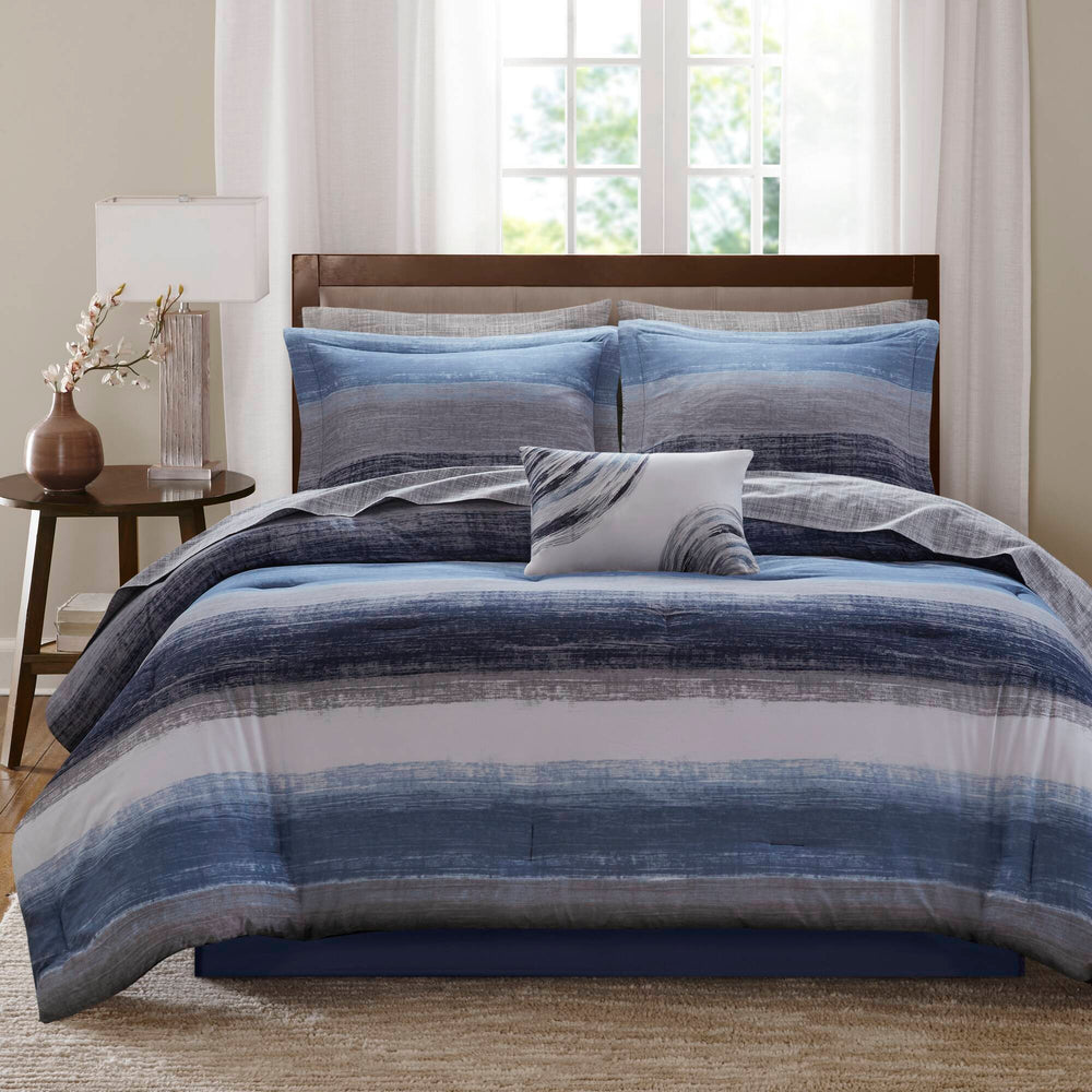 JLA Home Madison Park Essentials - 9 Plush Comforter Set with Watercolor Stripes, Textured Cotton Sheets, Anti-Microbial OEKO-TEX Quality Navy MPE10-1203
