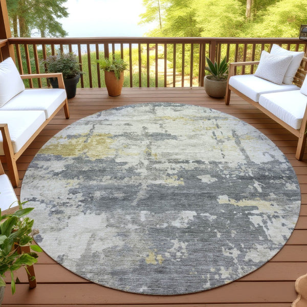 HomeRoots 8' Modern Abstract Washable Round Area Rug in Pewter, Ivory & Gold - Durable for Indoor/Outdoor Use 688929