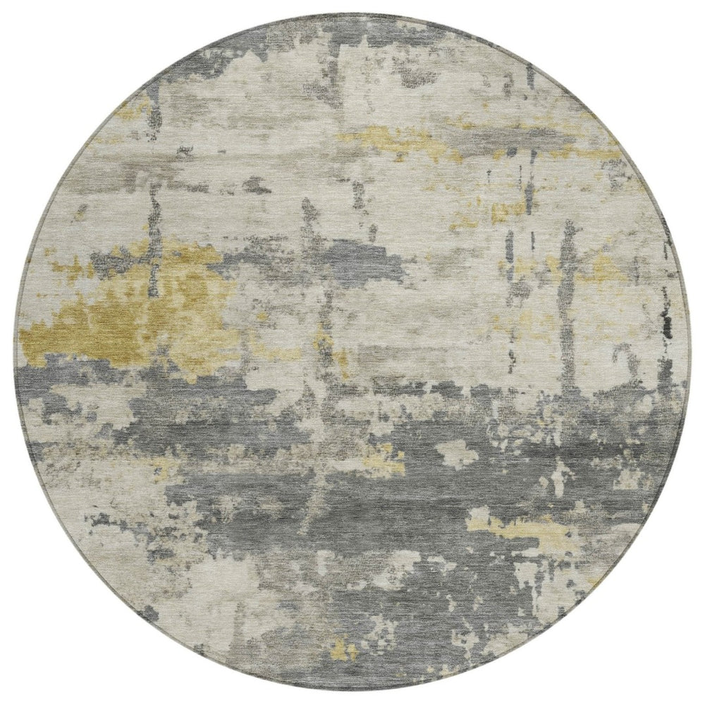 HomeRoots 8' Modern Abstract Washable Round Area Rug in Pewter, Ivory & Gold - Durable for Indoor/Outdoor Use 688929