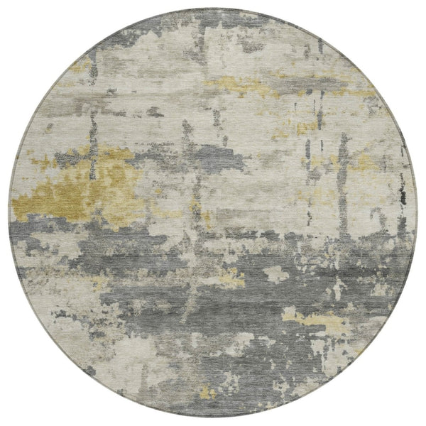 HomeRoots 8' Modern Abstract Washable Round Area Rug in Pewter, Ivory & Gold - Durable for Indoor/Outdoor Use 688929