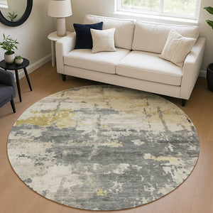 HomeRoots 8' Modern Abstract Washable Round Area Rug in Pewter, Ivory & Gold - Durable for Indoor/Outdoor Use 688929