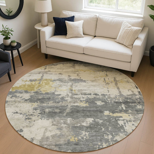 HomeRoots 8' Modern Abstract Washable Round Area Rug in Pewter, Ivory & Gold - Durable for Indoor/Outdoor Use 688929