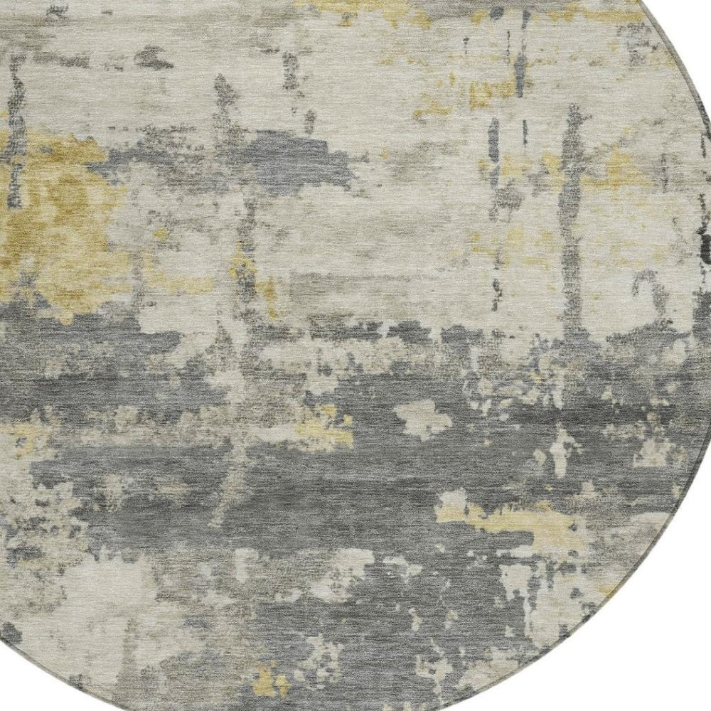 HomeRoots 8' Modern Abstract Washable Round Area Rug in Pewter, Ivory & Gold - Durable for Indoor/Outdoor Use 688929