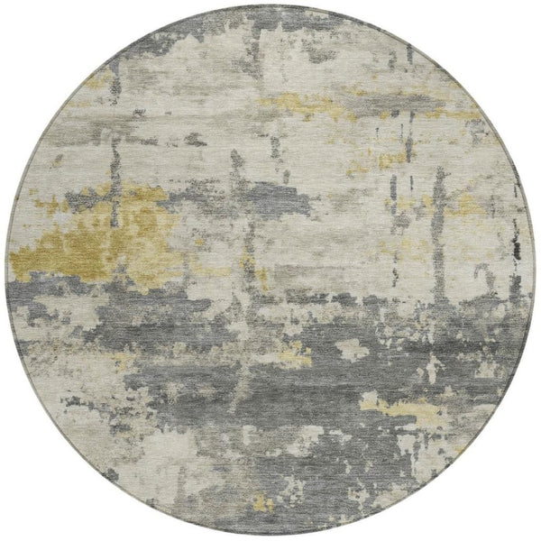 HomeRoots 8' Modern Abstract Washable Round Area Rug in Pewter, Ivory & Gold - Durable for Indoor/Outdoor Use 688929