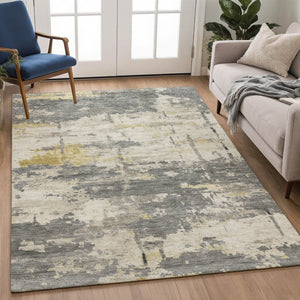 HomeRoots 10' Modern Abstract Washable Area Rug in Pewter, Ivory & Gold - Durable Indoor/Outdoor Decor Piece 688932