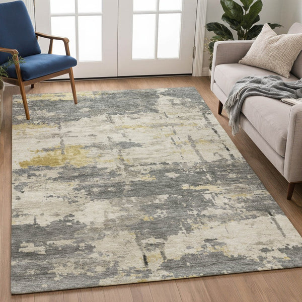 HomeRoots 10' Modern Abstract Washable Area Rug in Pewter, Ivory & Gold - Durable Indoor/Outdoor Decor Piece 688932