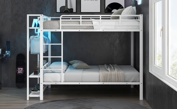 English Elm Full Size Metal Bunk Bed With Led Lights, Storage Shelves & Hooks - Stylish Space-Saver In White N7090000667K