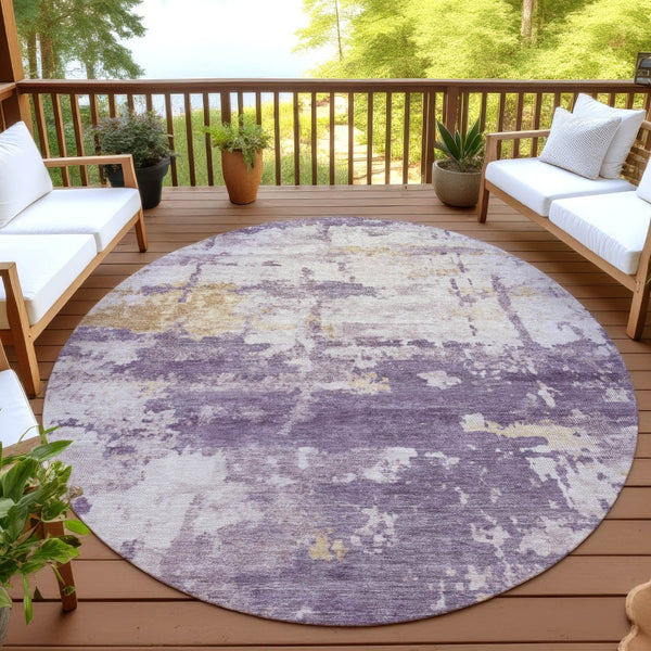 HomeRoots 8' Modern Abstract Round Area Rug in Plum, Ivory & Gold – Washable, Durable & Versatile for Indoors/Outdoors 688935